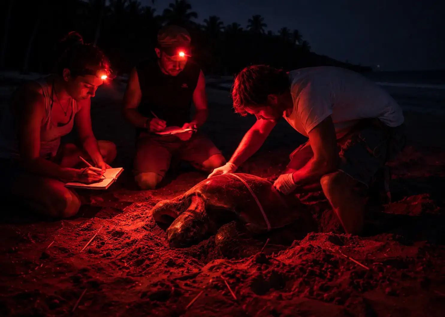 SAVE volunteers on a night patrol using red light